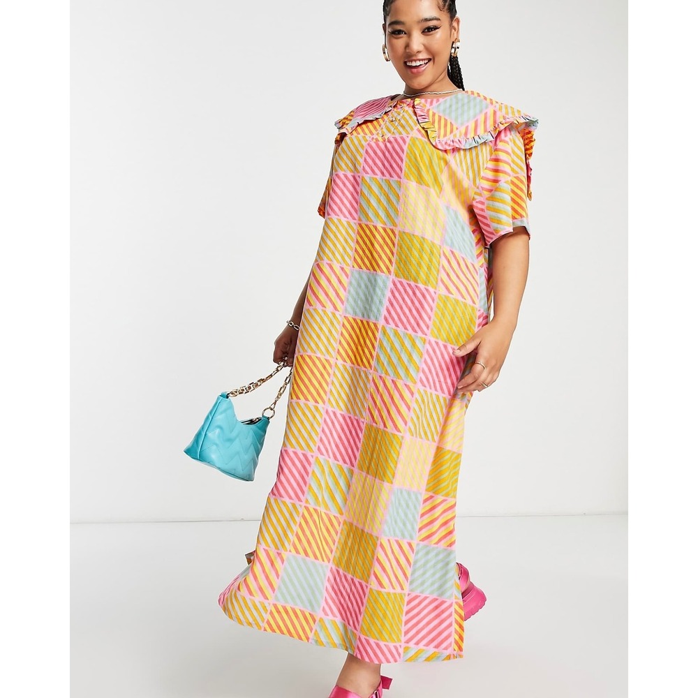 Native Youth Colorful Statement Collar maxi Check dress maximalist Size 20